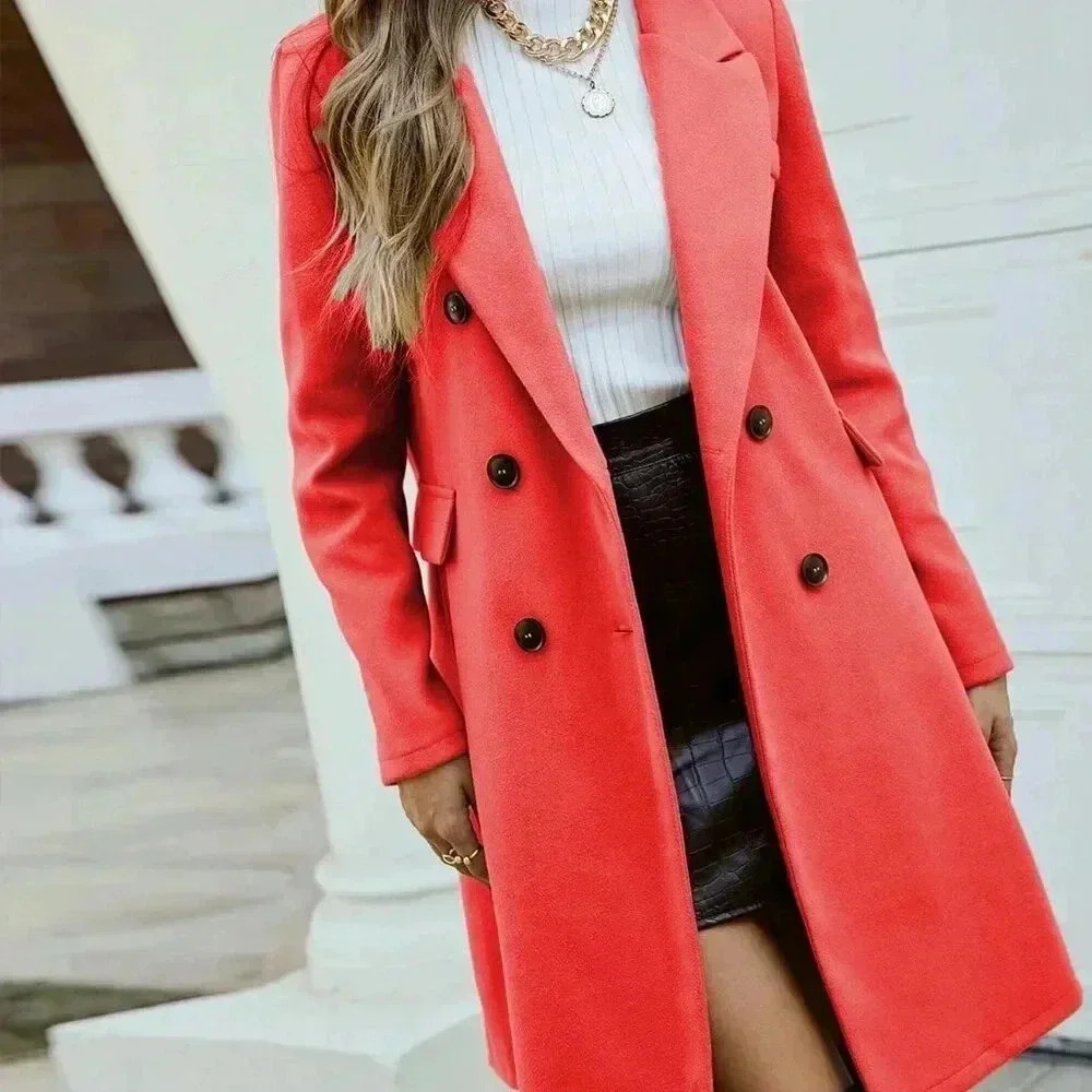 Red Elegant Women's Turndown Collar Long Sleeve Double-Breasted Knitted Coat - Picture 3 of 5